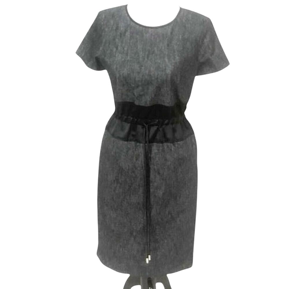 Paula Ka Short Sleeve Cinch Waist Satin Trim Career Dress Black Gray EUC Small